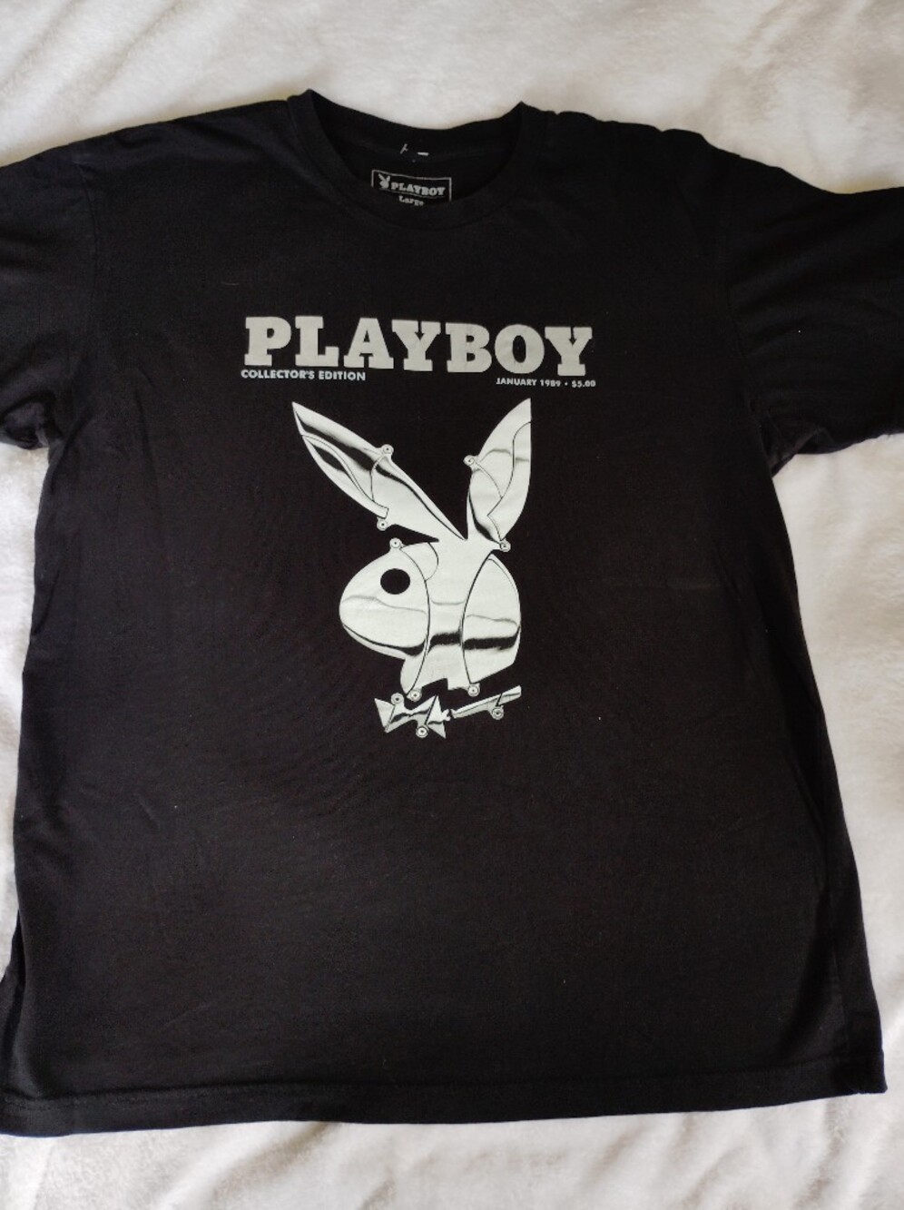 PLAYBOY Mens Black Tshirt Collectors Edition '89, Silver Bunny, Casual